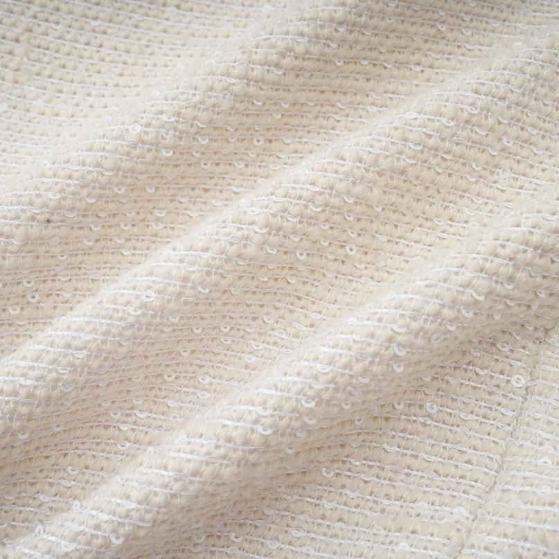 Perla White Tweed Bead Crystal Mini Dress with Cinched Waist Long Sleeves Round Neck