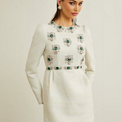 Perla White Tweed Beaded Crystal Mini Dress with Cinched Waist and Long Sleeves