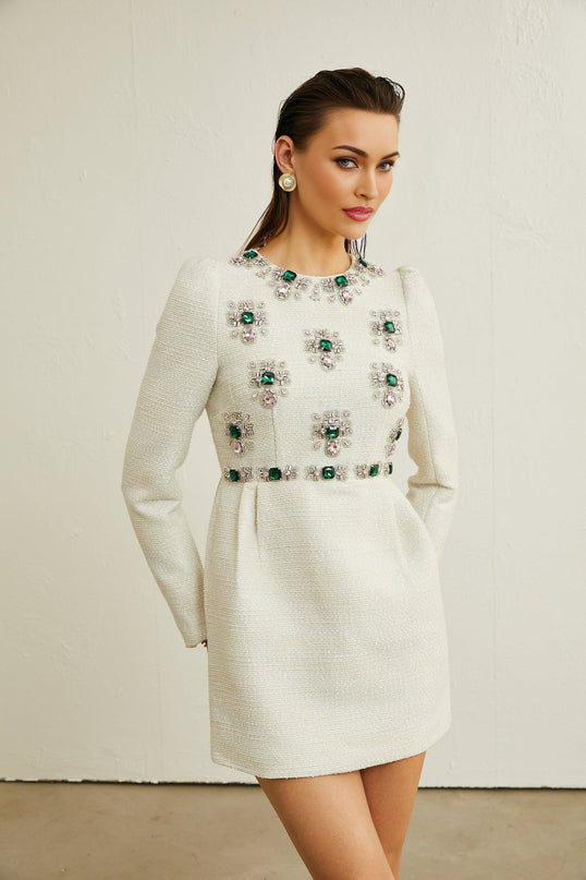 Perla White Tweed Beaded Crystal Mini Dress with Cinched Waist and Long Sleeves