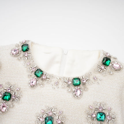 Perla White Tweed Beaded Crystal Mini Dress with Cinched Waist and Long Sleeves