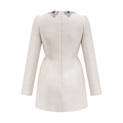 Perla White Tweed Beaded Crystal Mini Dress