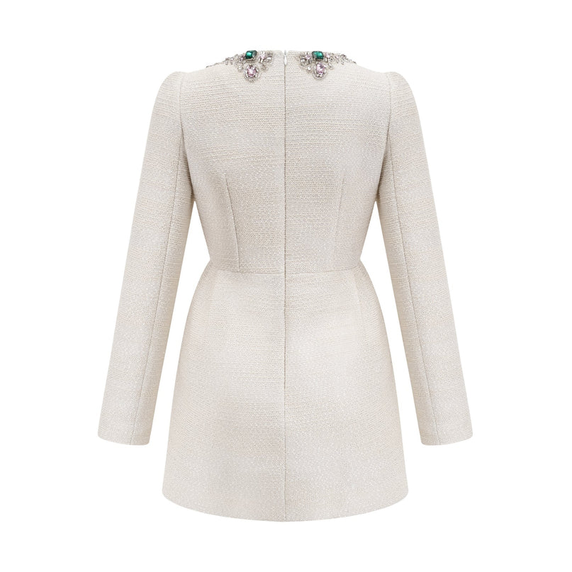 Perla White Tweed Beaded Crystal Mini Dress