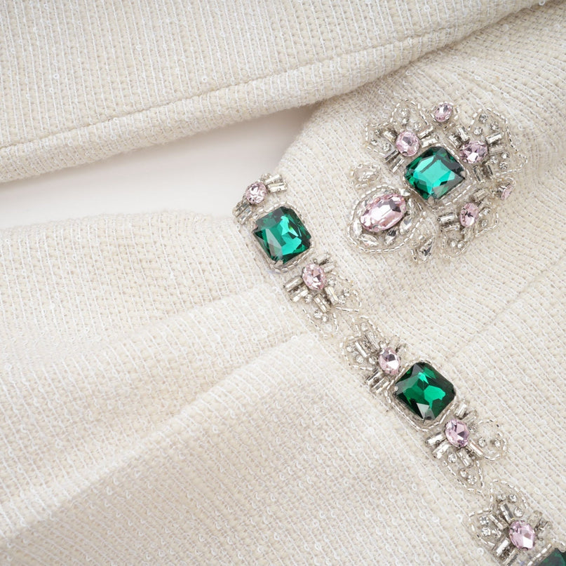 Perla White Tweed Mini Dress with Bead and Crystal Embellishments
