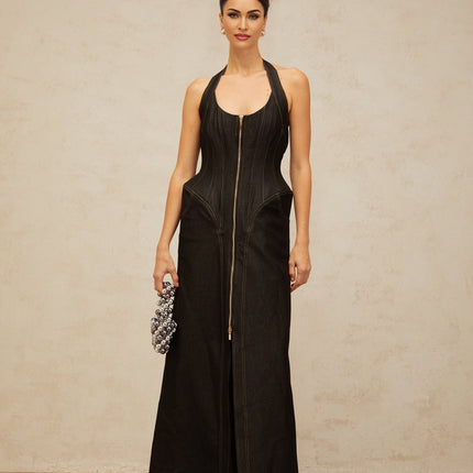 Perlina Black Maxi Dress Halterneck Front Slit Contrast Stitching Sleeveless Boned bodice Cinched waist Front rear zip fastening Maxi length 55% Nylon 45% Cotton luxury sophistication