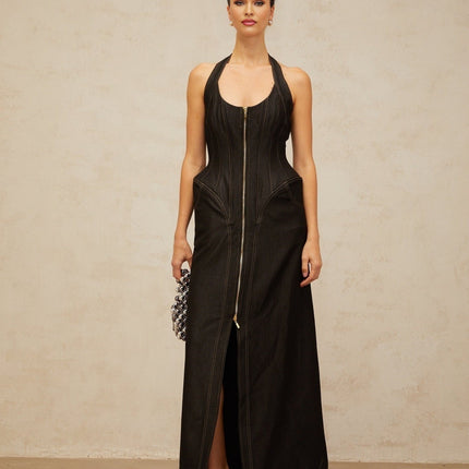 Perlina Black Maxi Dress Halterneck Front Slit Contrast Stitching Sleeveless Boned bodice Cinched waist Front rear zip fastening Maxi length 55% Nylon 45% Cotton