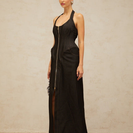 Perlina Black Halterneck Maxi Dress with Front Slit and Contrast Stitching