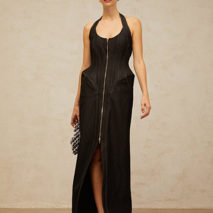 Perlina Black Maxi Dress Halterneck Front Slit Contrast Stitching Sleeveless Boned bodice Cinched waist Front rear zip fastening Maxi length 55% Nylon 45% Cotton