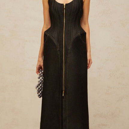 Perlina Black Halterneck Maxi Dress with Front Slit and Contrast Stitching