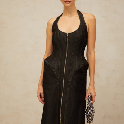 Perlina Black Maxi Dress Halterneck Front Slit Contrast Stitching Sleeveless Boned bodice Cinched waist Front rear zip fastening 55% Nylon 45% Cotton