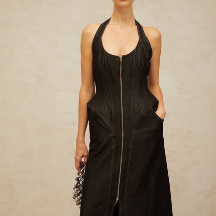 Perlina Black Maxi Dress Halterneck Front Slit Contrast Stitching Sleeveless Boned Bodice Cinched Waist Front Rear Zip Fastening Nylon Cotton