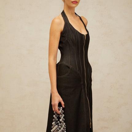 Perlina Black Maxi Dress Halterneck Front Slit Contrast Stitching Sleeveless Boned bodice Cinched waist Front rear zip fastening Maxi length 55% Nylon 45% Cotton