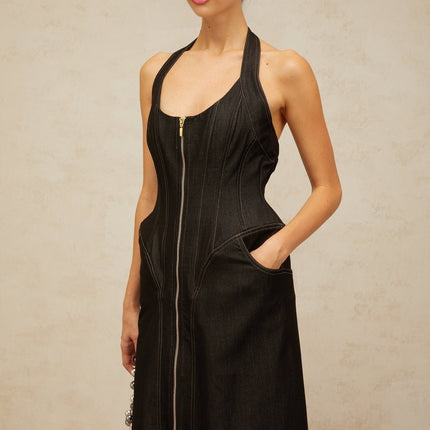Perlina Black Maxi Dress Halterneck Front Slit Contrast Stitching Sleeveless Boned bodice Cinched waist Front rear zip fastening Maxi length 55% Nylon 45% Cotton luxury sophistication