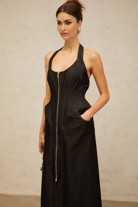 Perlina Black Maxi Dress Halterneck Front Slit Contrast Stitching Sleeveless Boned bodice Cinched waist Front rear zip fastening Maxi length 55% Nylon 45% Cotton luxury sophistication