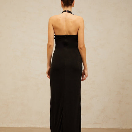 Perlina Black Maxi Dress Halterneck Front Slit Contrast Stitching Sleeveless Boned bodice Cinched waist Front rear zip fastening Nylon Cotton blend elegance sophistication luxury