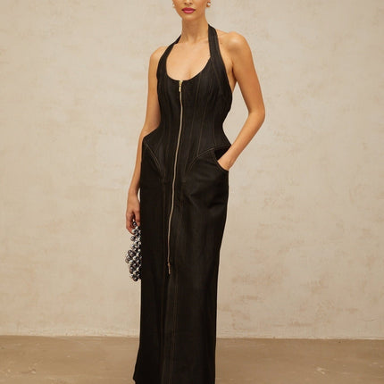 Perlina Black Maxi Dress Halterneck Front Slit Contrast Stitching Sleeveless Boned Bodice Cinched Waist Front Rear Zip Fastening Nylon Cotton Luxury Sophistication