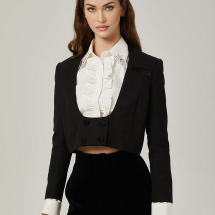 Perlina Crystal Embellished Set White & Black Wool Jacket Black Velvet Shorts White Shirt Crystal Embellishments