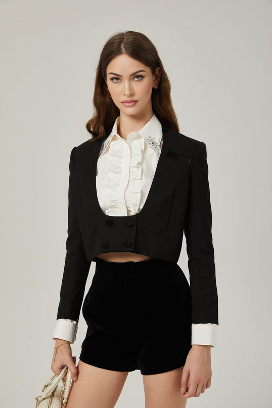 Perlina Crystal Embellished Set White & Black Wool Jacket Black Velvet Shorts White Shirt Crystal Embellishments