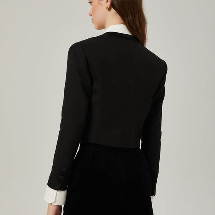 Perlina Crystal Embellished Set White & Black Wool Jacket Black Velvet Shorts White Shirt