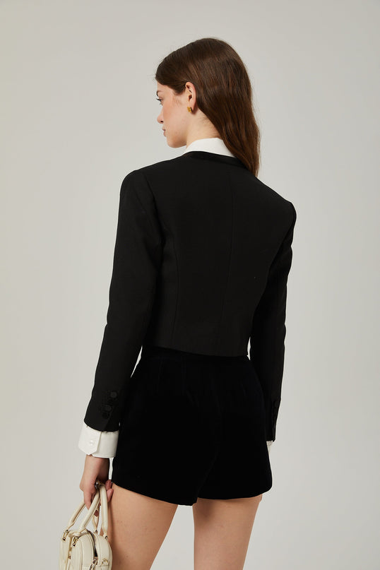 Perlina Crystal Embellished Set White & Black Wool Jacket Black Velvet Shorts White Shirt