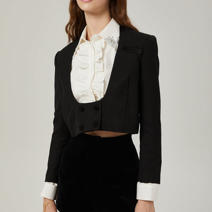 Perlina Crystal Embellished Set White & Black Wool Jacket Shorts Shirt Model 5'10