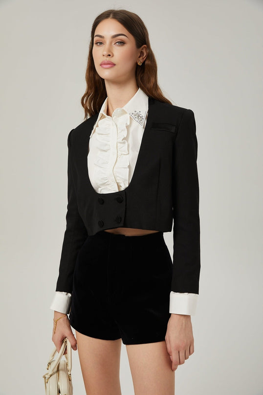 Perlina Crystal Embellished Set White & Black Wool Jacket Shorts Shirt Model 5'10