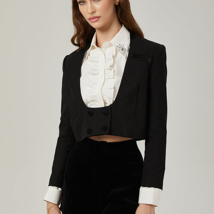 Perlina Crystal Embellished Wool Jacket Black Velvet Shorts White Shirt Set