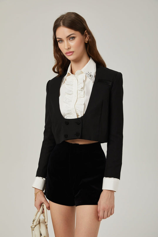 Perlina Crystal Embellished Wool Jacket Black Velvet Shorts White Shirt Set