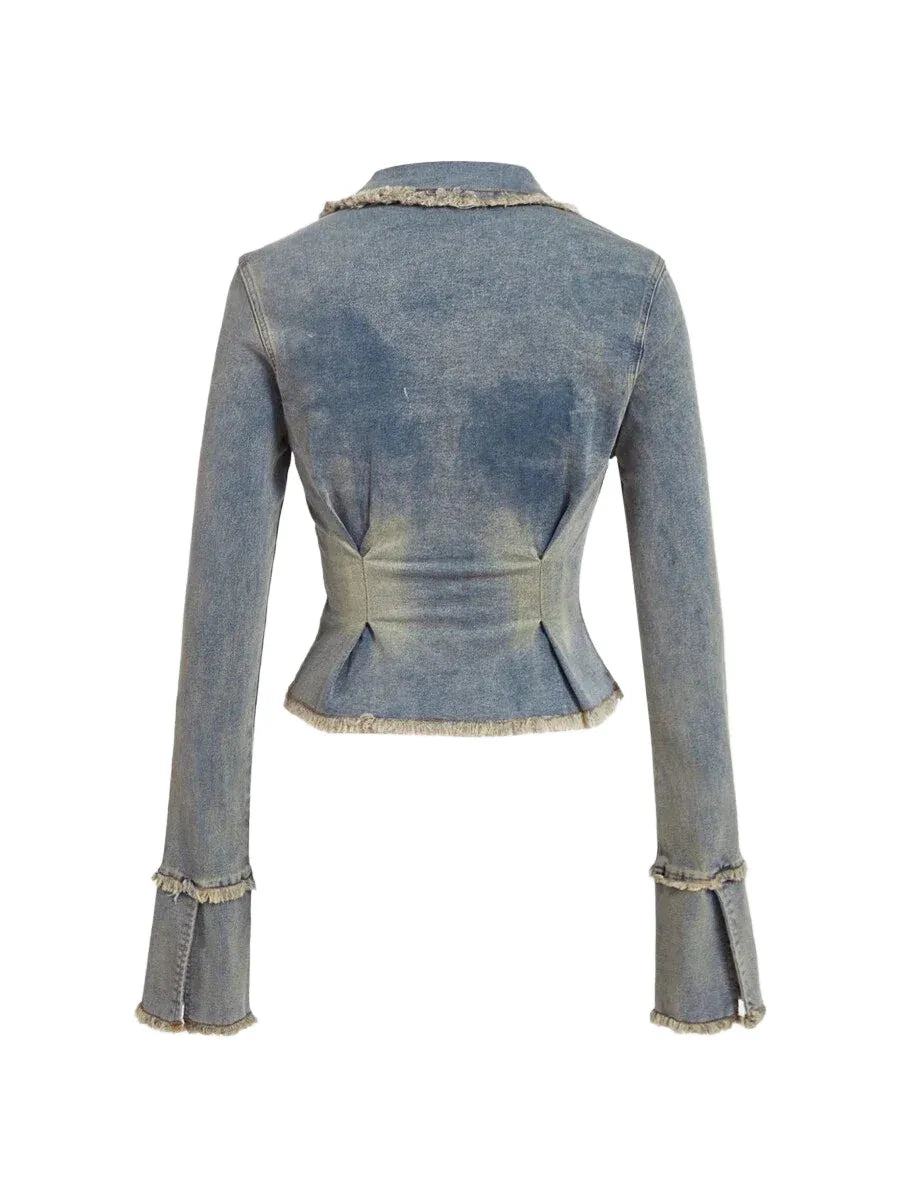 PETITE Womens Long Sleeve Zip Up Denim Jacket With Pockets And Raw Edges