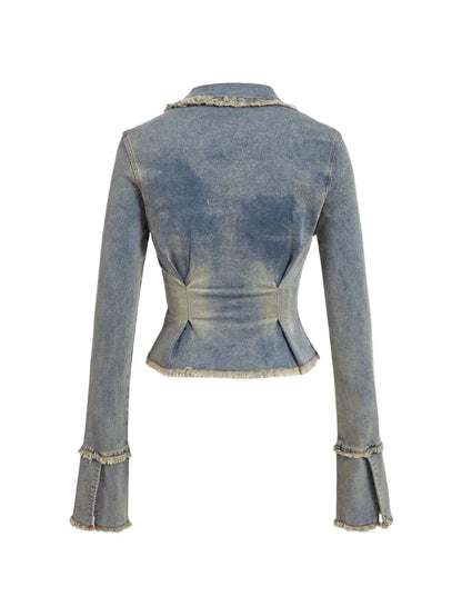 PETITE Womens Long Sleeve Zip Up Denim Jacket With Pockets And Raw Edges