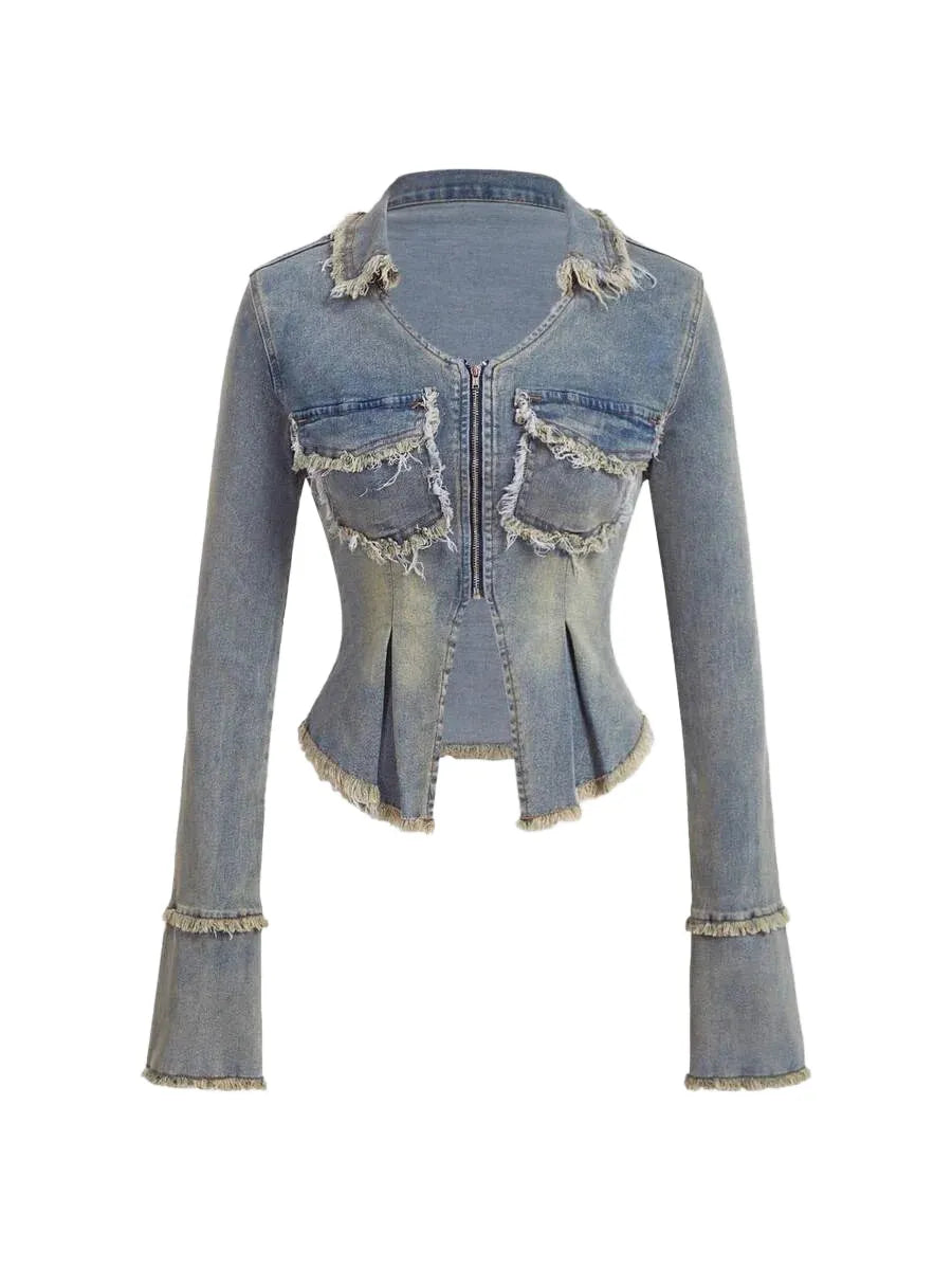 PETITE Womens Long Sleeve Zip Up Denim Jacket With Pockets And Raw Edges