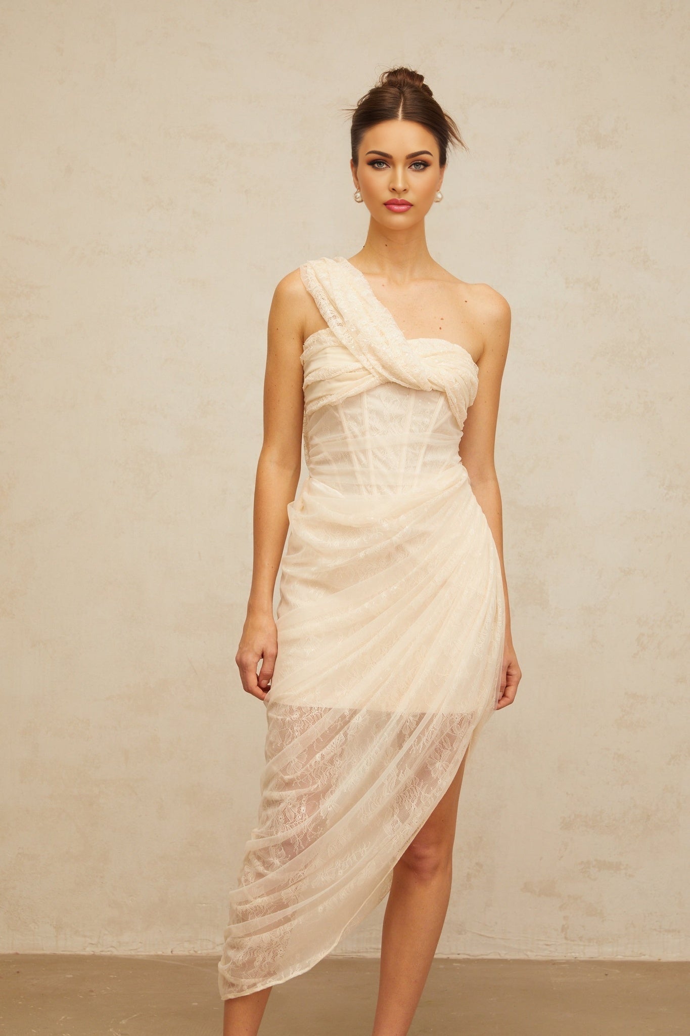 Petunia midi dress with floral lace and gathered tulle panels
