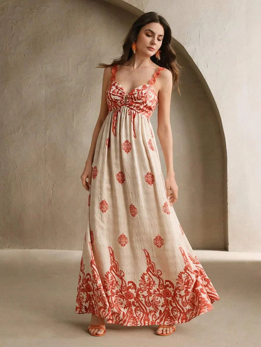 Peylow Orange Contrast Print Dress Sexy Bohemian Beach Dress For Women SpringSummer Outfits