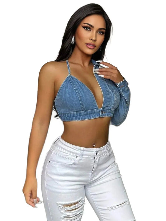 Peyton Cropped Denim Jacket with Stylish Design in Blue - Blue