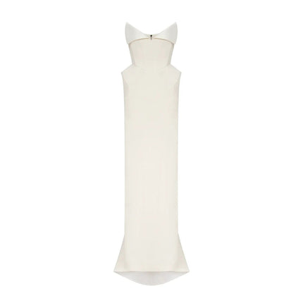 Peyton Maxi Dress in White with Barrel Waist Detailing and Corset-style Bodice, Train Design, and Mermaid Hem