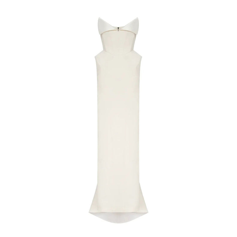 Peyton Maxi Dress in White with Barrel Waist Detailing and Corset-style Bodice, Train Design, and Mermaid Hem