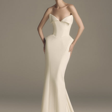 Peyton Maxi Dress in White elegant and sophisticated barrel waist corset-style bodice train design mermaid hem rear zip fastening luxurious blend Terylene fiber Viscose Elastane sleeveless special occasions formal events timeless beauty style grace