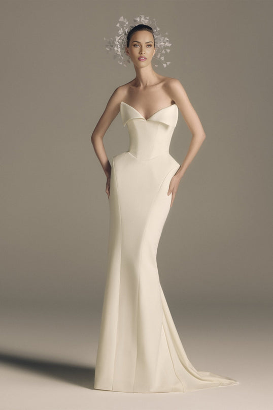 Peyton Maxi Dress in White elegant and sophisticated barrel waist corset-style bodice train design mermaid hem rear zip fastening luxurious blend Terylene fiber Viscose Elastane sleeveless special occasions formal events timeless beauty style grace