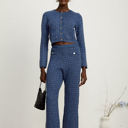 Peyton Sapphire Blue Tweed Sequin Embellished Jacket Trousers Set