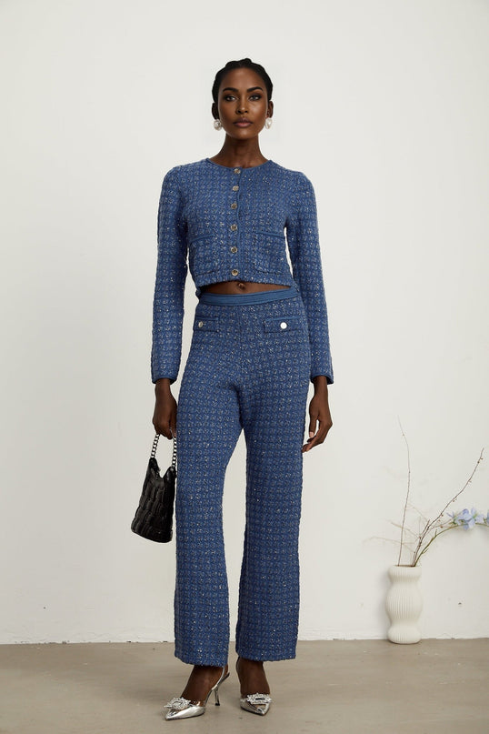 Peyton Sapphire Blue Tweed Sequin Embellished Jacket Trousers Set