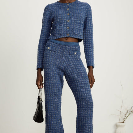 Peyton Sapphire Blue Tweed Sequin Embellished Jacket Trousers Set