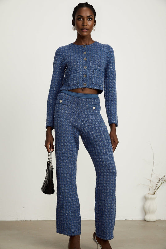 Peyton Sapphire Blue Tweed Sequin Embellished Jacket Trousers Set