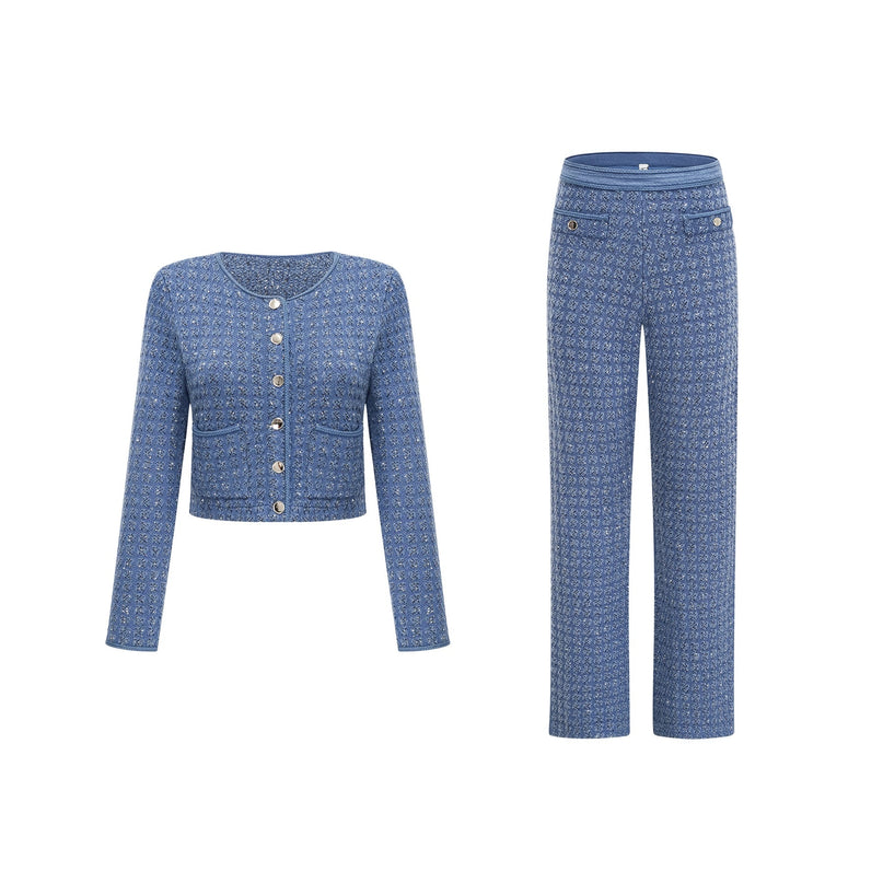 Peyton Sapphire Blue Tweed Sequin Embellished Jacket Trousers Set