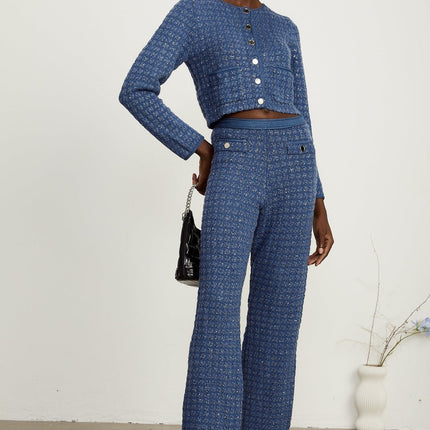 Peyton Sapphire Blue Tweed Sequin Embellished Jacket Trousers Set