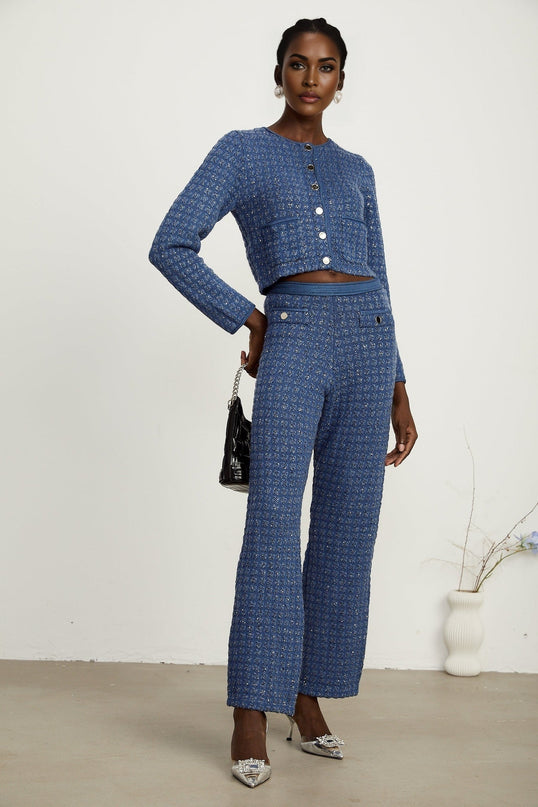 Peyton Sapphire Blue Tweed Sequin Embellished Jacket Trousers Set