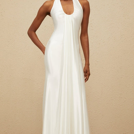 Peyton White Halter Neck Maxi Dress with Ruched Detailing