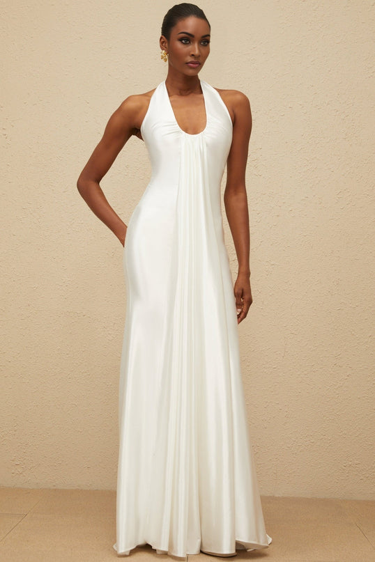 Peyton White Halter Neck Maxi Dress with Ruched Detailing