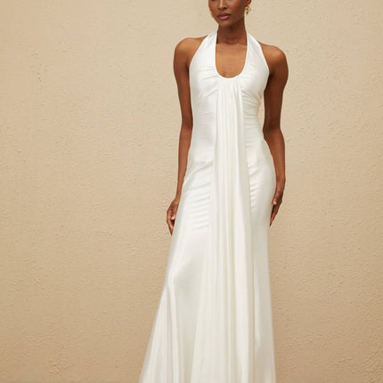 Peyton White Halter Neck Maxi Dress with Ruched Detailing and Ribbon Design