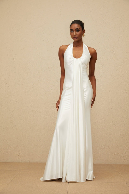 Peyton White Halter Neck Maxi Dress with Ruched Detailing and Ribbon Design