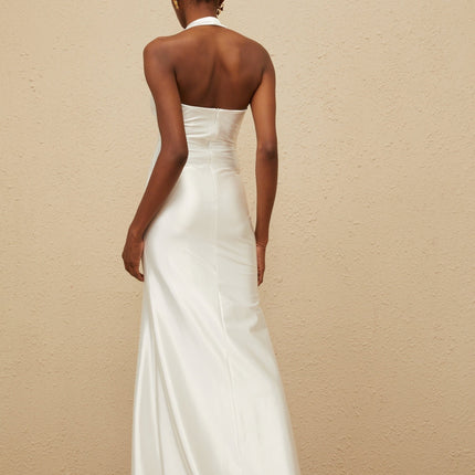 Peyton White Halter Neck Maxi Dress with Ruched Detailing and Ribbon Design
