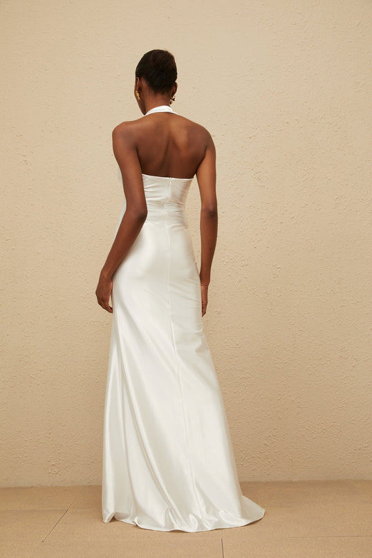 Peyton White Halter Neck Maxi Dress with Ruched Detailing and Ribbon Design